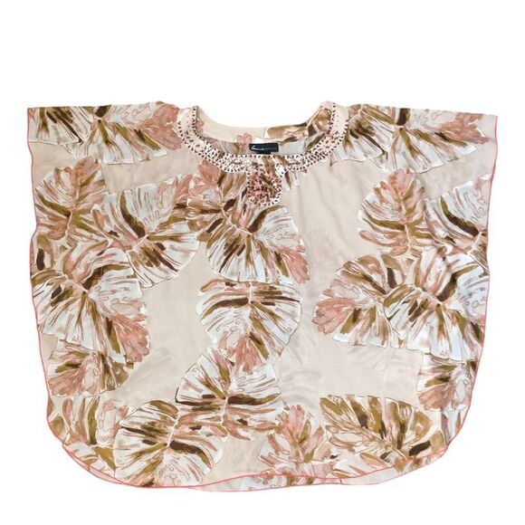 Lane Bryant Sheer Poncho Top Sz 2X 18 20 Beaded Leaf Print Tropical Kimono Flowy - Picture 8 of 13